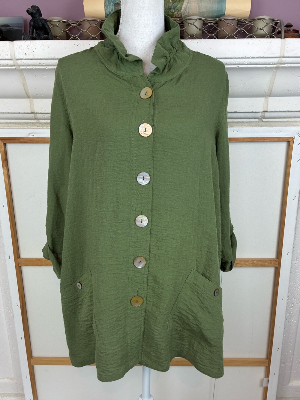 John Mark High Wire Neck Tunic w/pockets, shell buttons, convertible sleeves